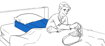 Patient waking refreshed after shoulder surgery with improved mobility following night of restorative sleep on Restore You